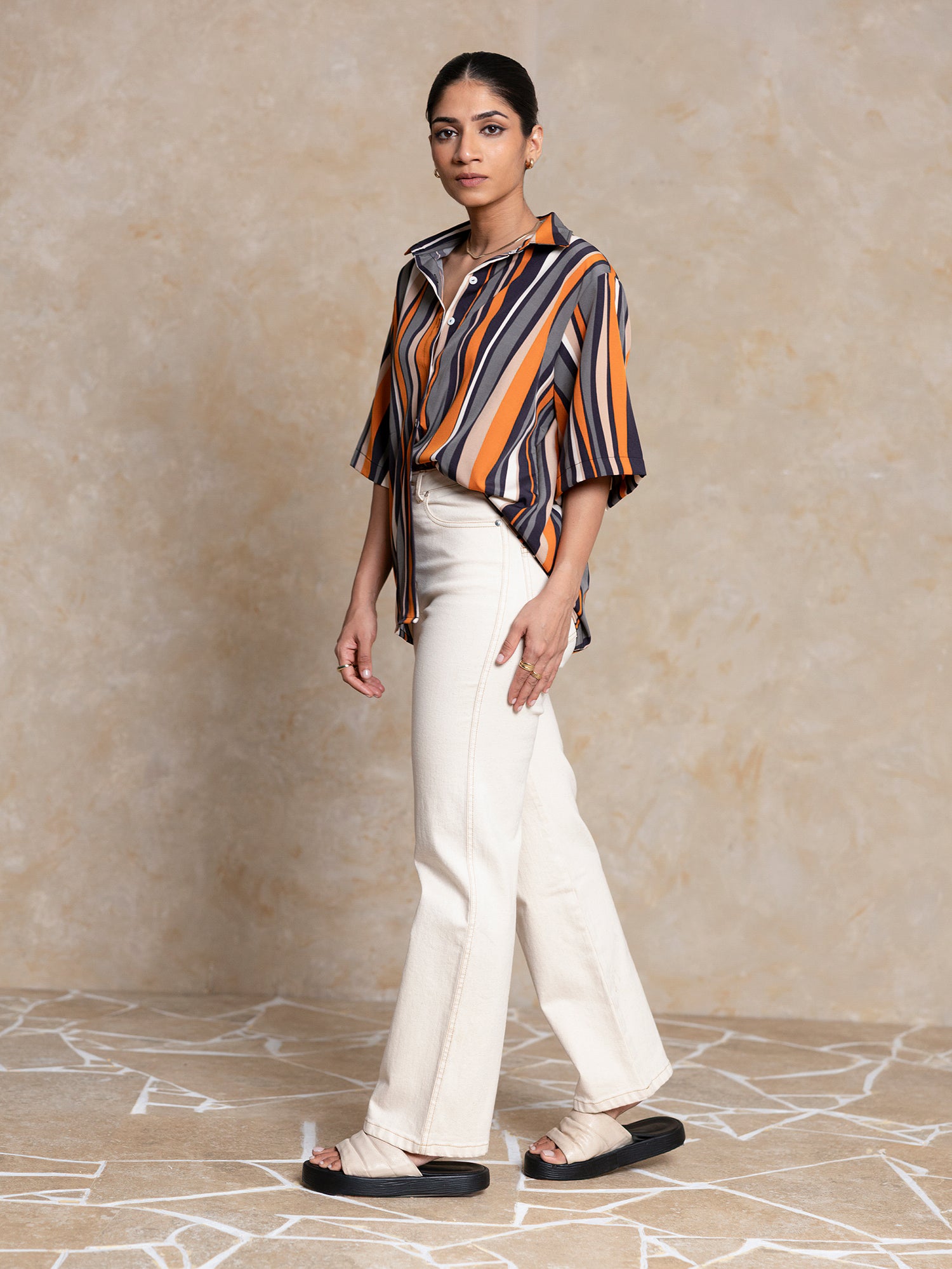 Button Down Short Sleeved Printed Top