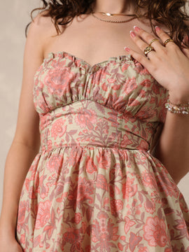 Frill Detailed Printed Bustier Mini Dress