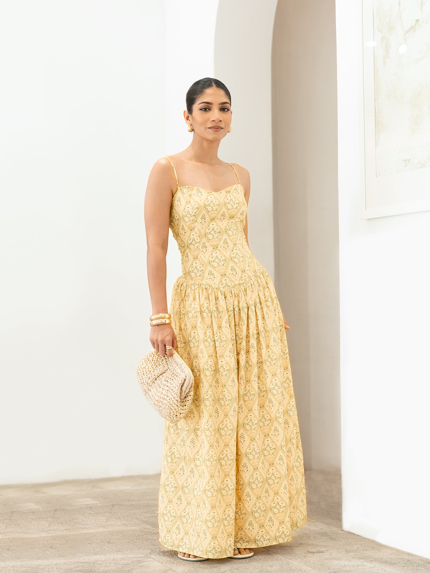 Back Smocking Detailed Low Waist Printed Maxi Dress