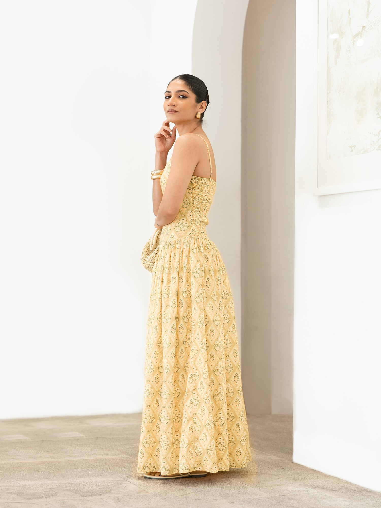 Back Smocking Detailed Low Waist Printed Maxi Dress