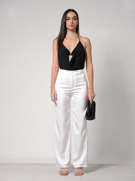 High Waist Straight Leg Satin Pant