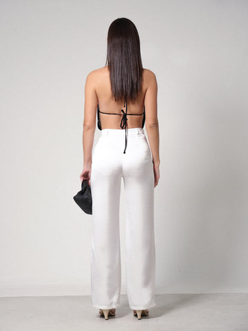 High Waist Straight Leg Satin Pant