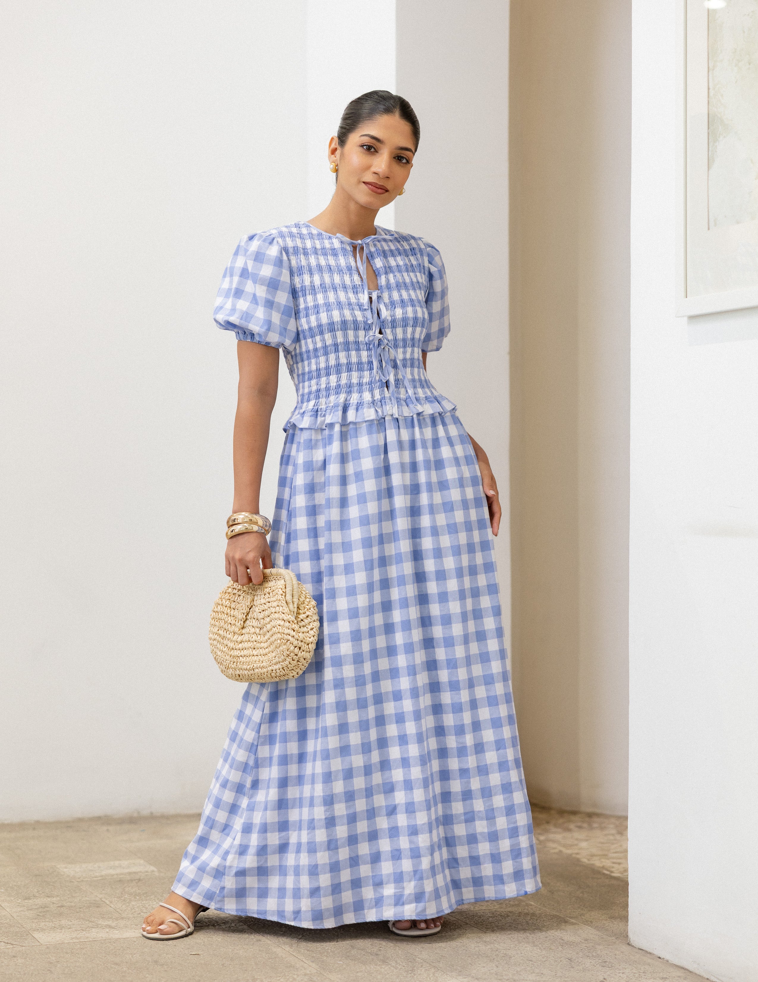 Smocking Detail Front Tie Up Dress