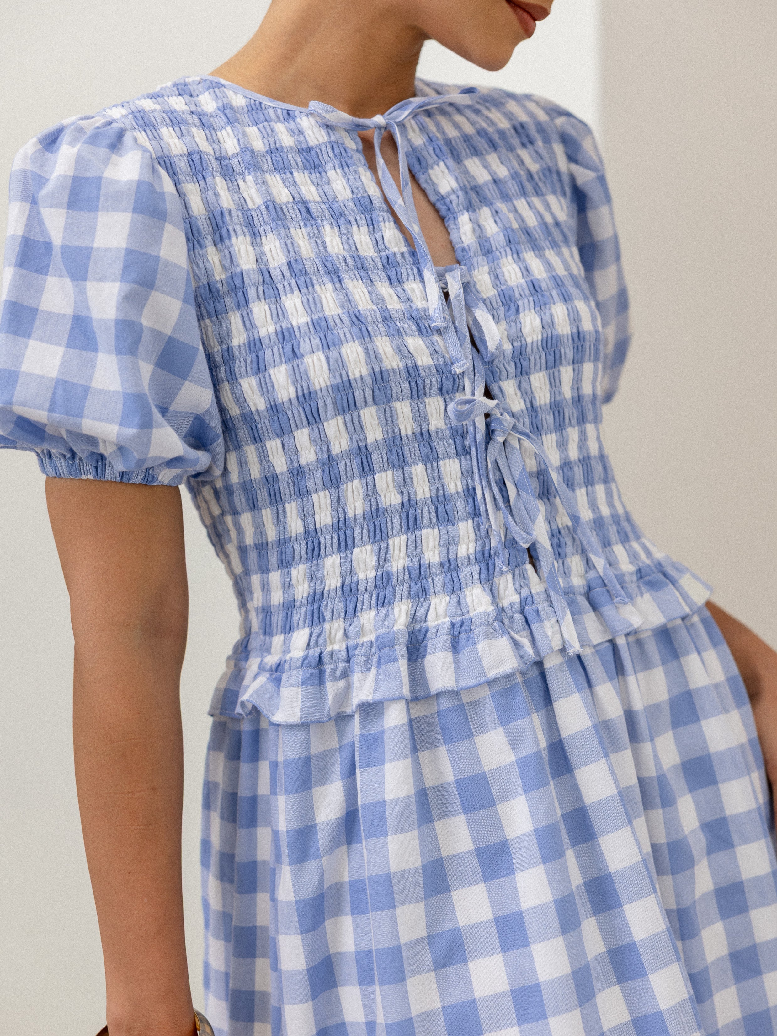 Smocking Detail Front Tie Up Dress