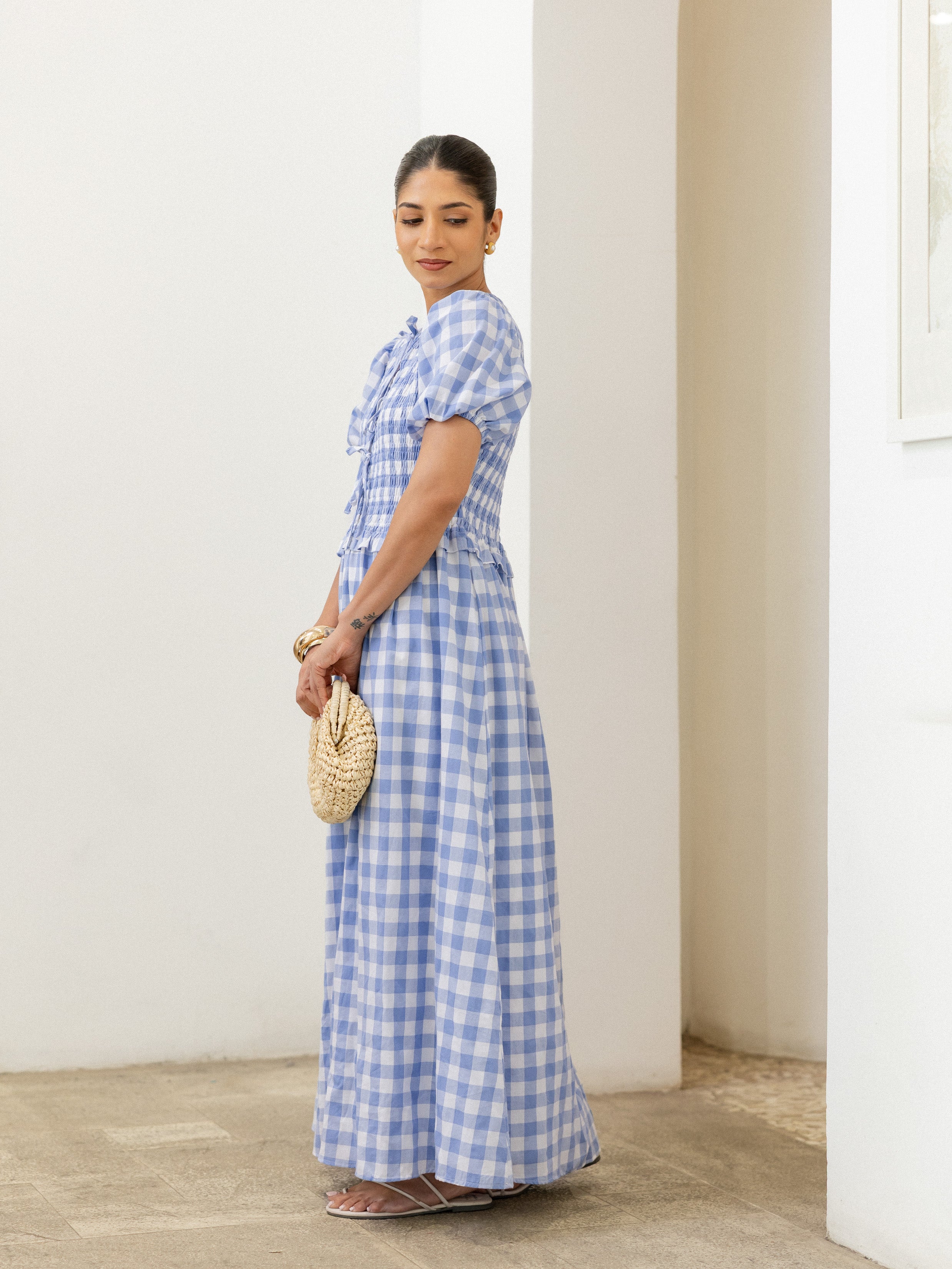 Smocking Detail Front Tie Up Dress