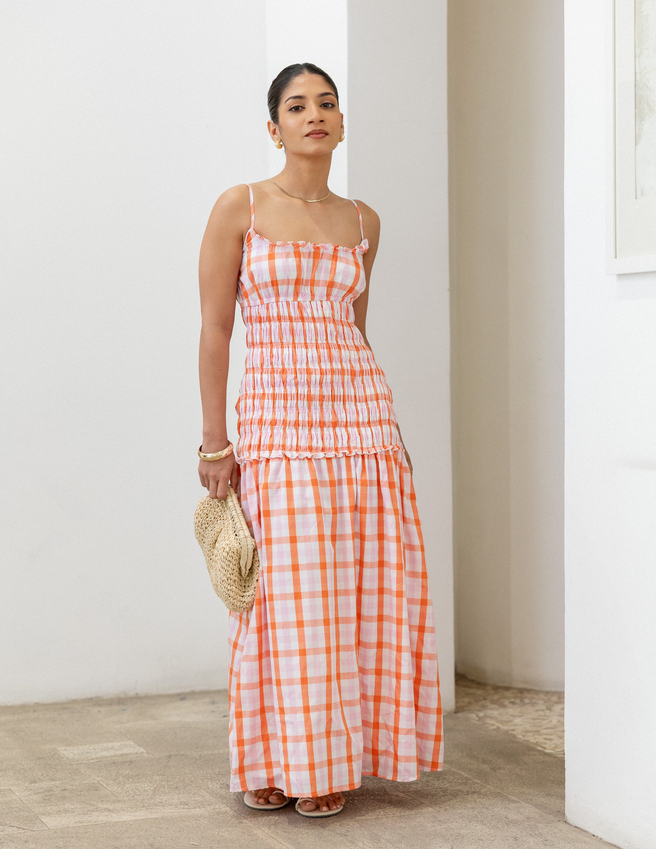 Bustier Detail Checkered Maxi Dress