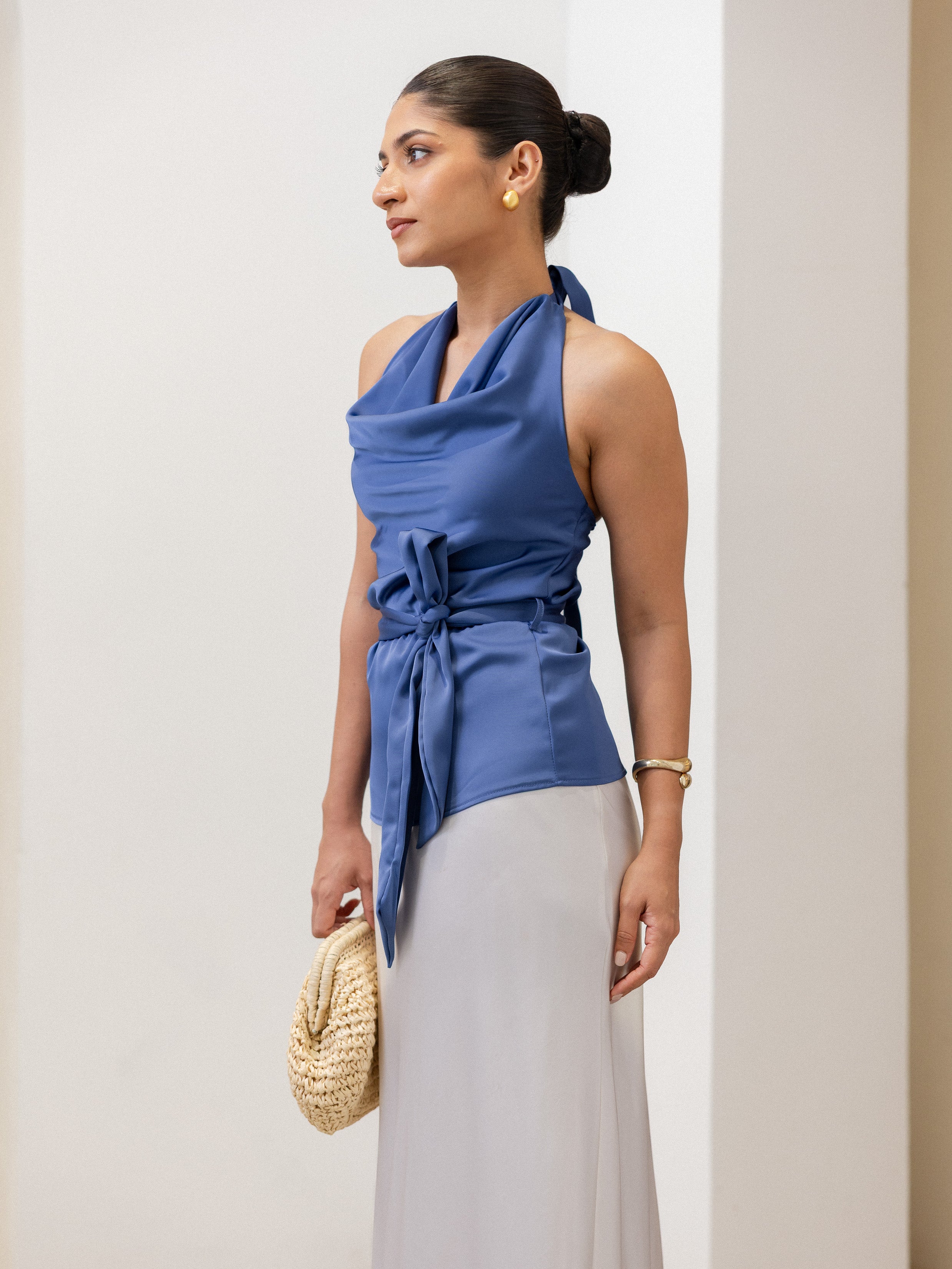 Satin Cowl Neck Tie Up Top