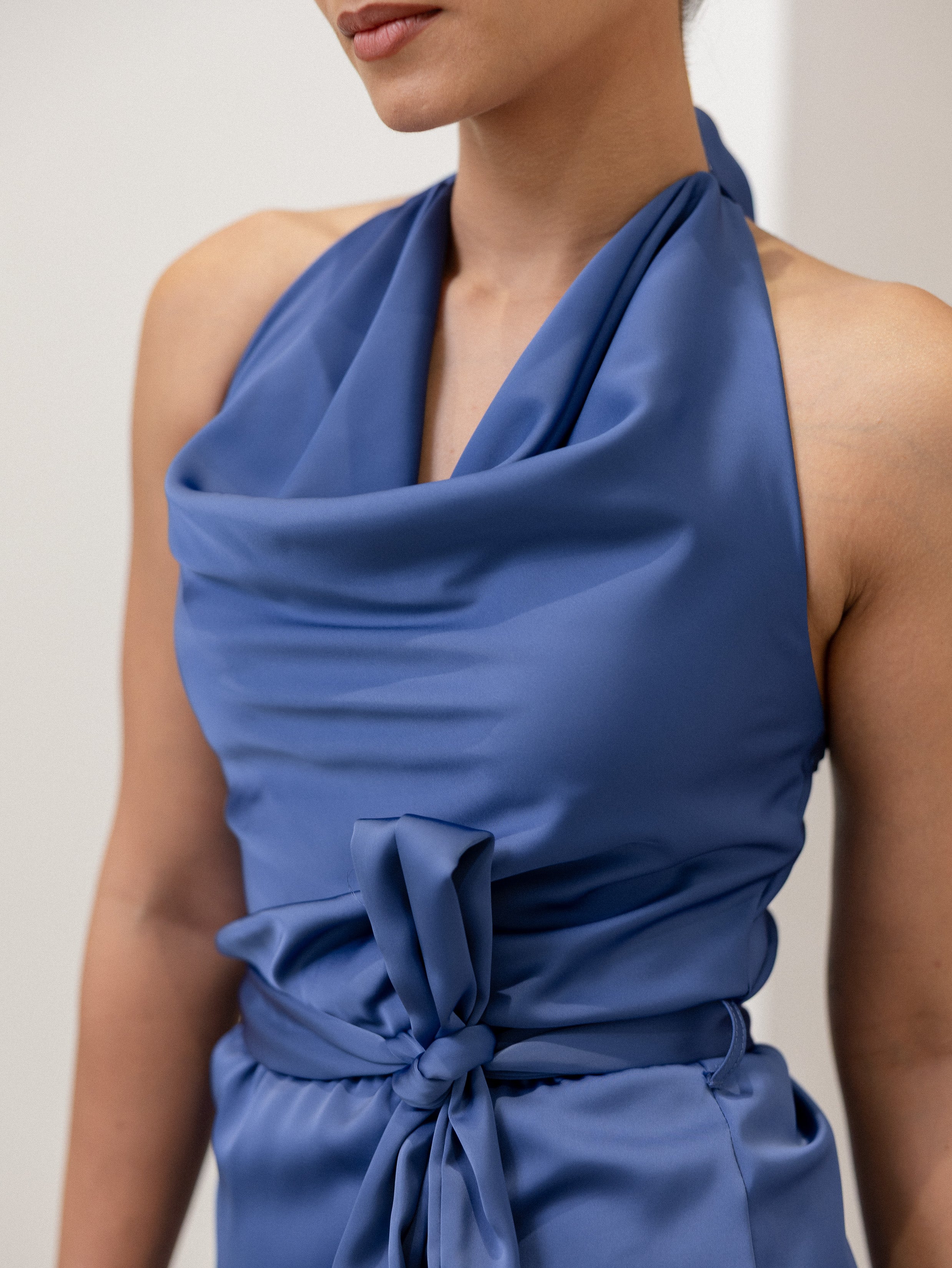 Satin Cowl Neck Tie Up Top