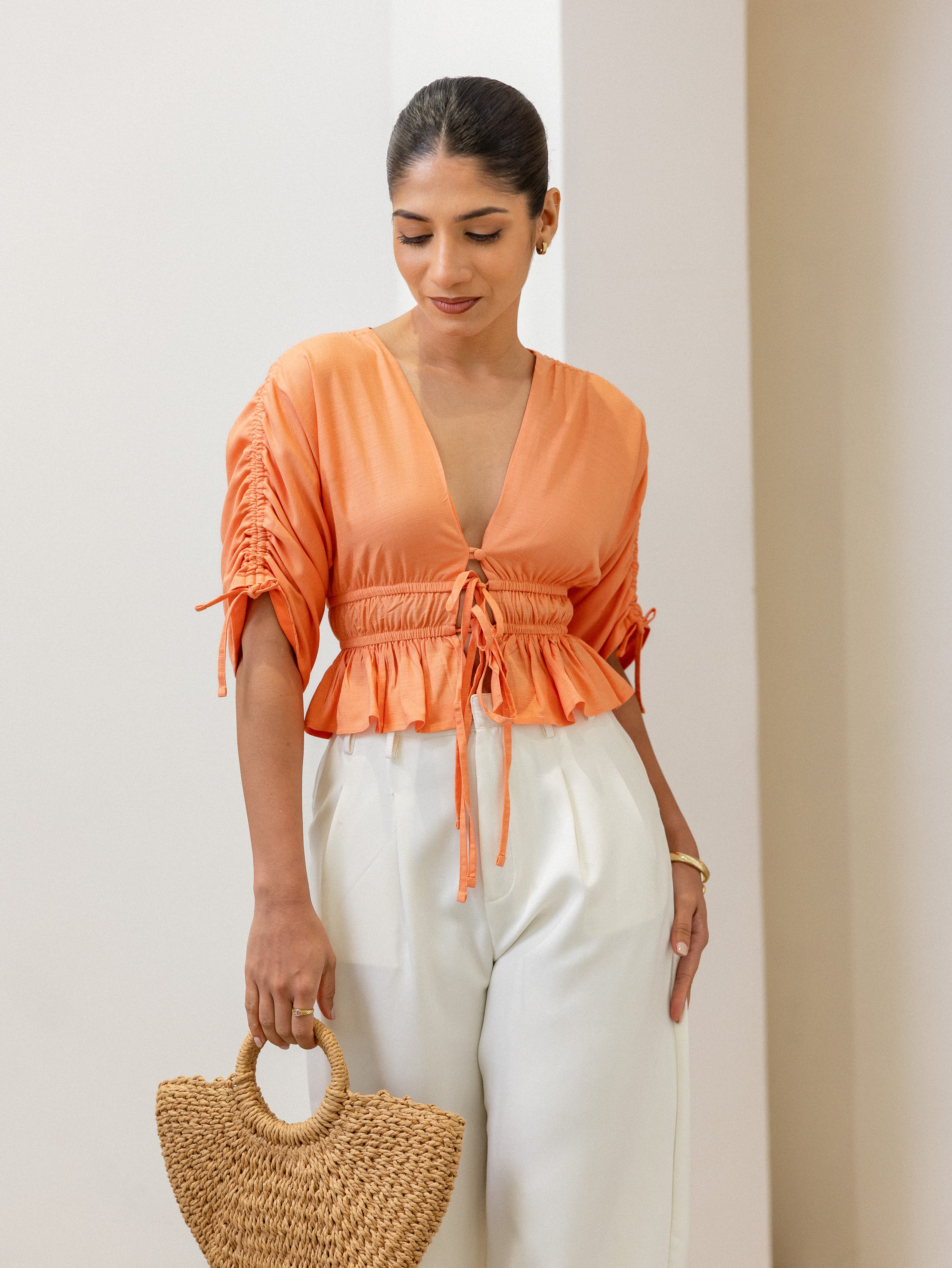 Ruched Detailed Front Tie Up Top