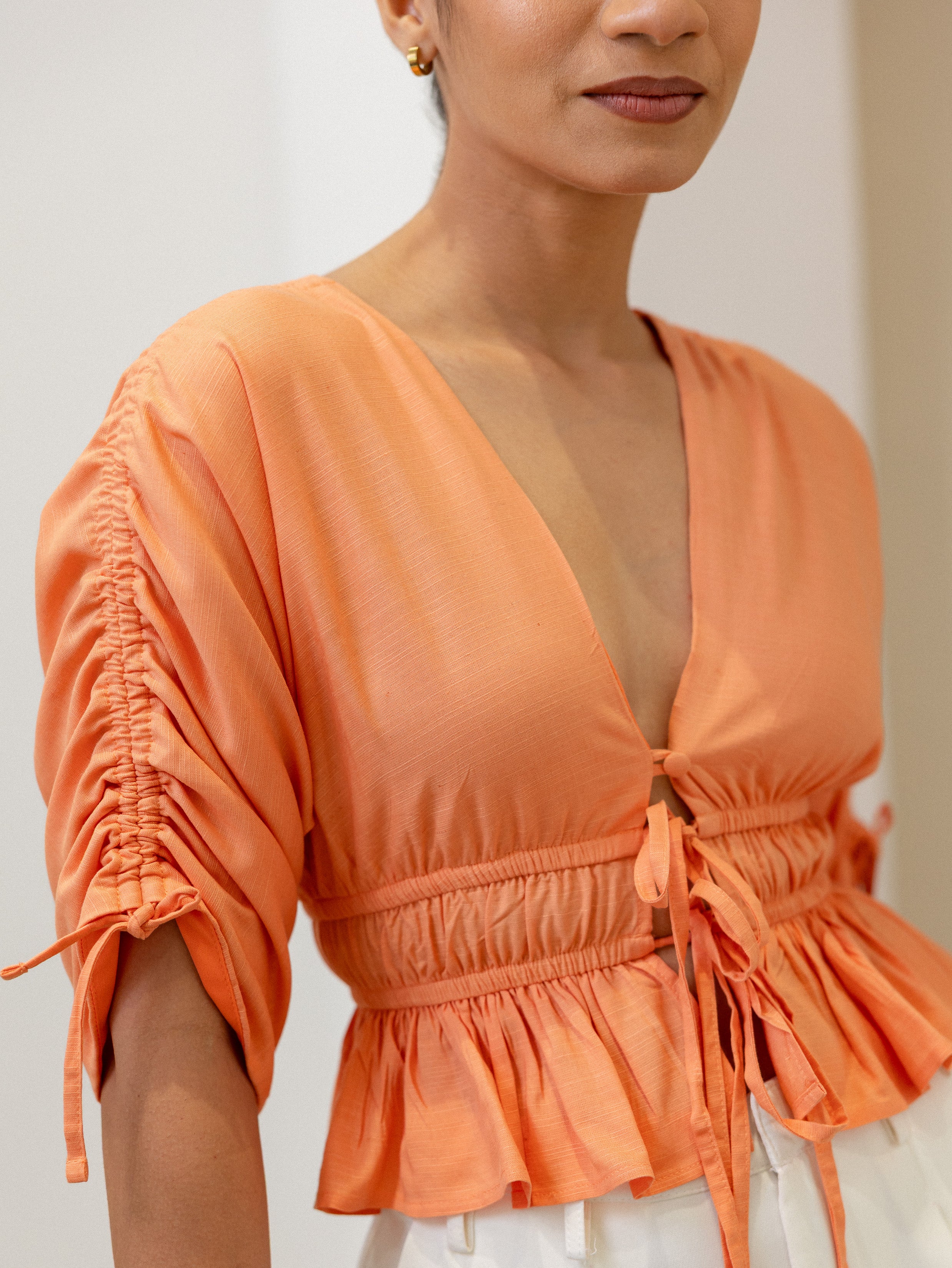 Ruched Detailed Front Tie Up Top