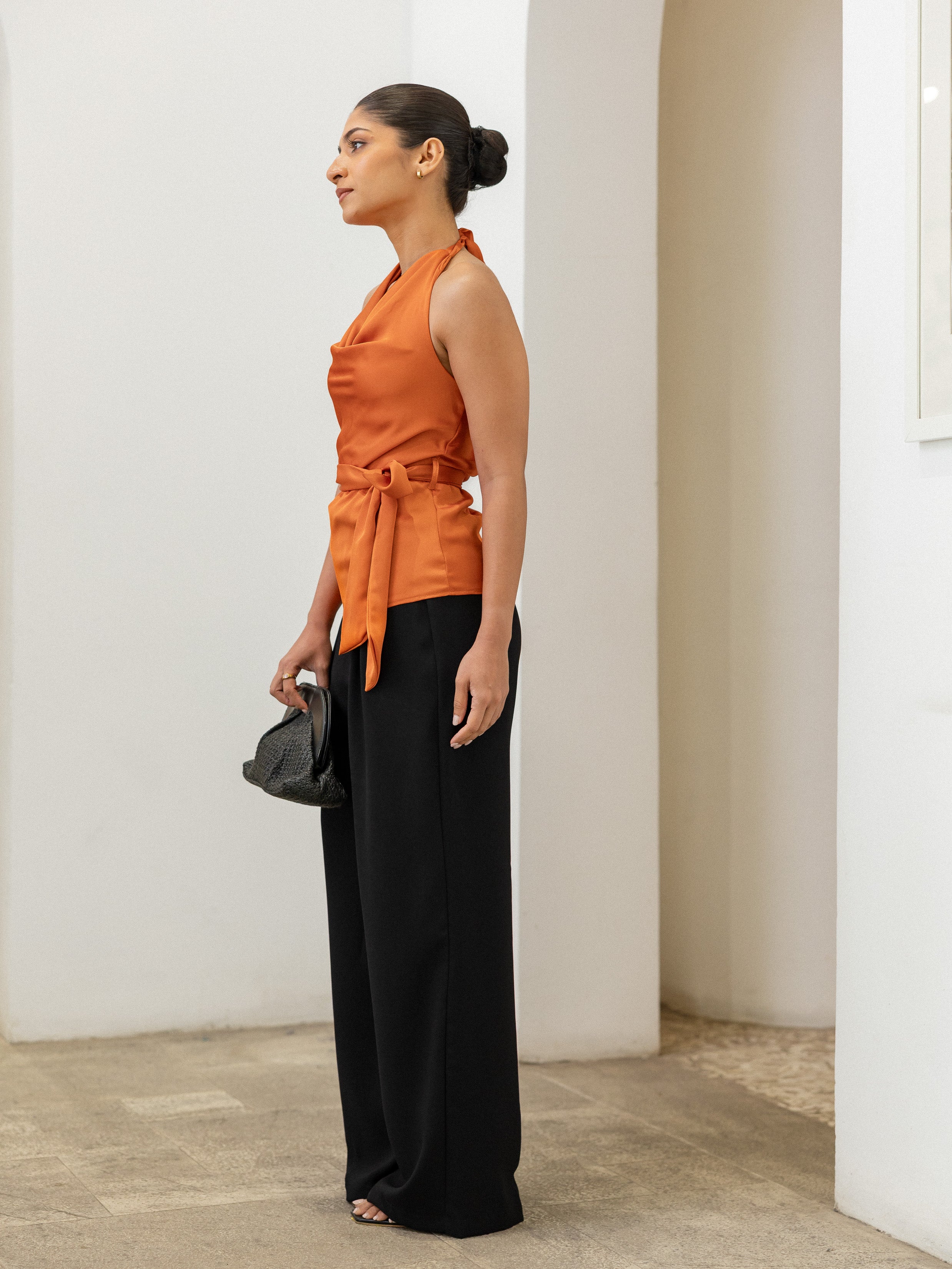Satin Cowl Neck Tie Up Top
