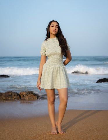 High Neck Puff Sleeved Smocking Detailed Mini Dress