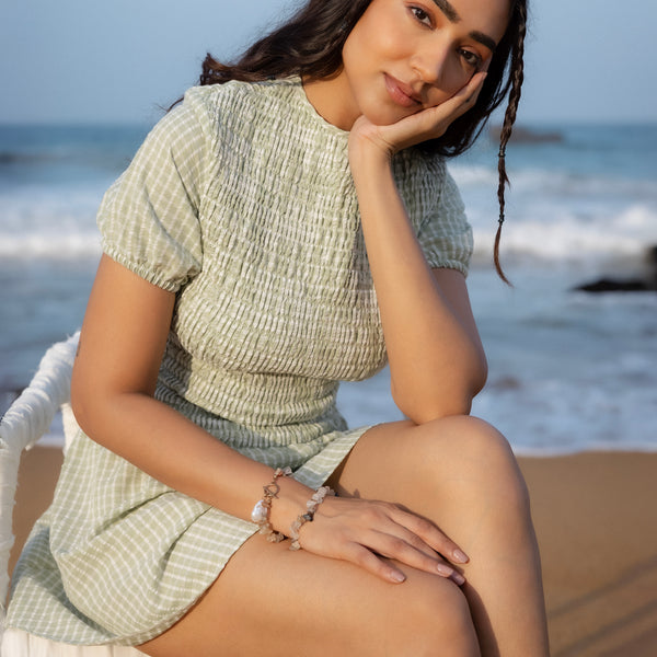 High Neck Puff Sleeved Smocking Detailed Mini Dress