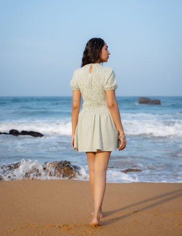 High Neck Puff Sleeved Smocking Detailed Mini Dress