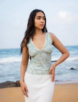 Lace Detailed Back Smocking Printed Top