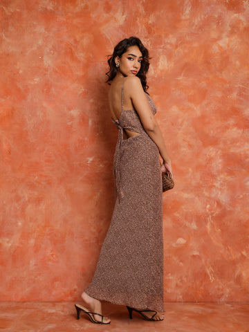 Cowl Neck Back Tie Up Maxi Dress