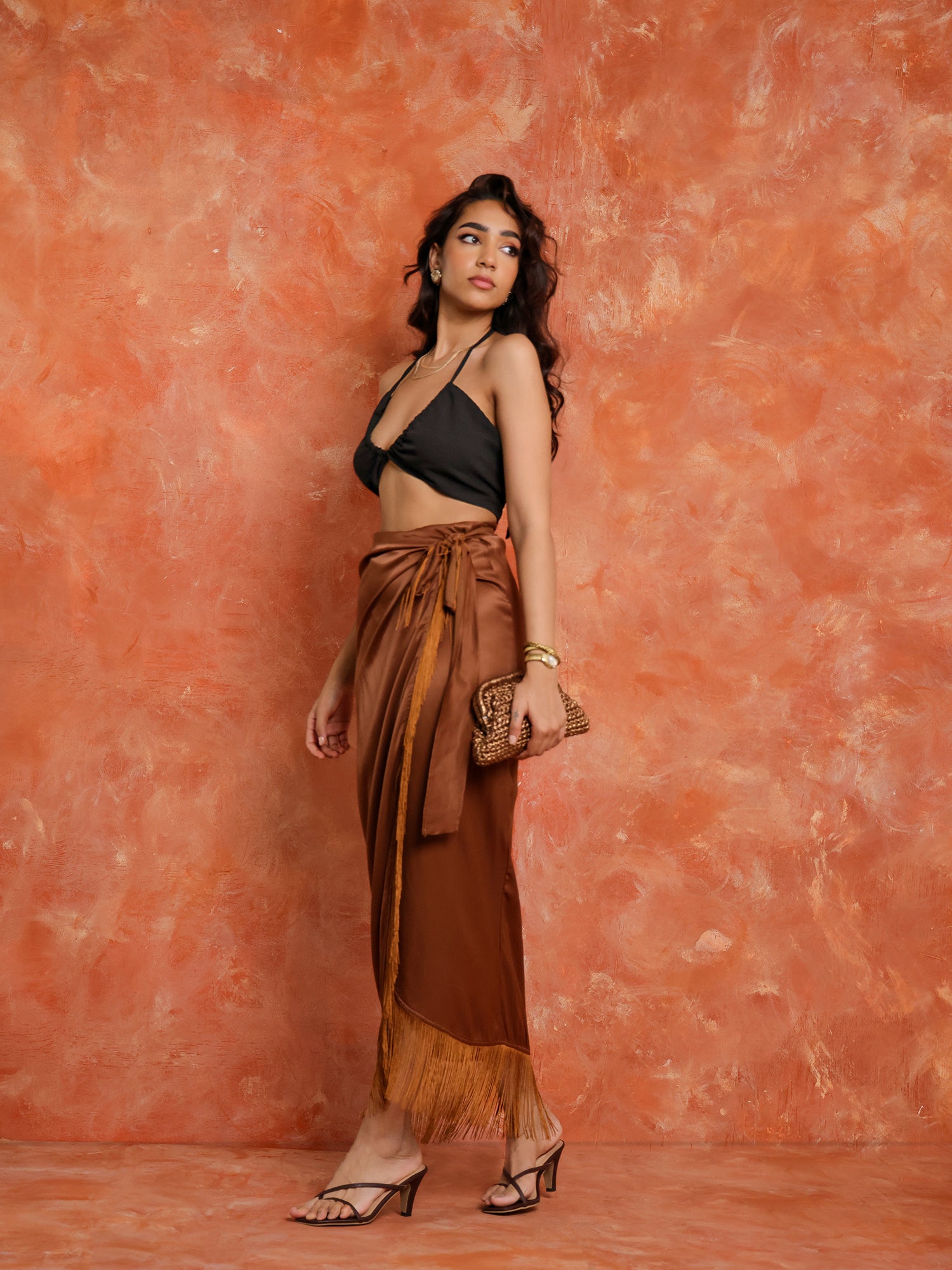 Fringe Detailed Wrap Tie Up Midi Skirt