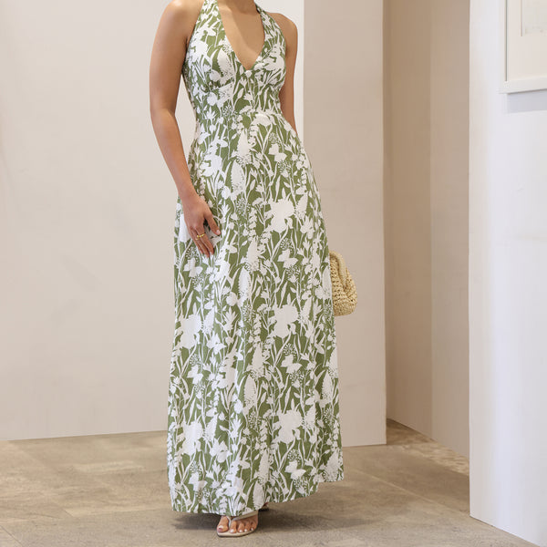 Halter Neck Back Smocking Maxi Dress