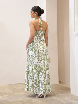 Halter Neck Back Smocking Maxi Dress