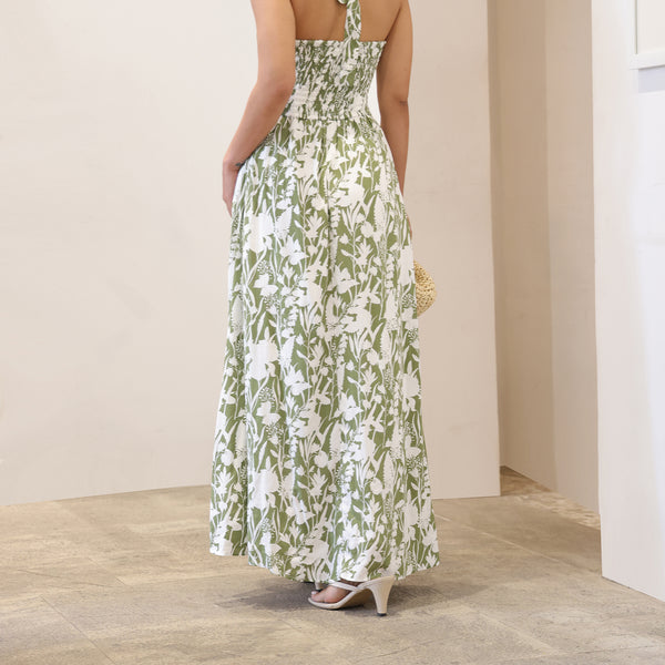 Halter Neck Back Smocking Maxi Dress