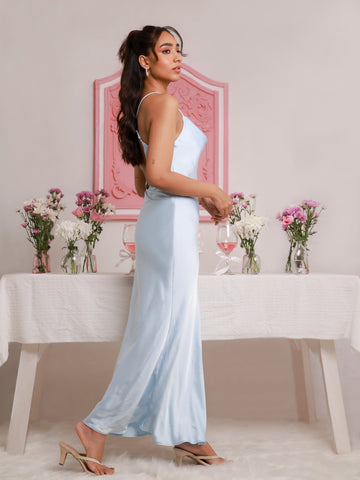 Cowl Neck Flared- Satin Maxi Dress