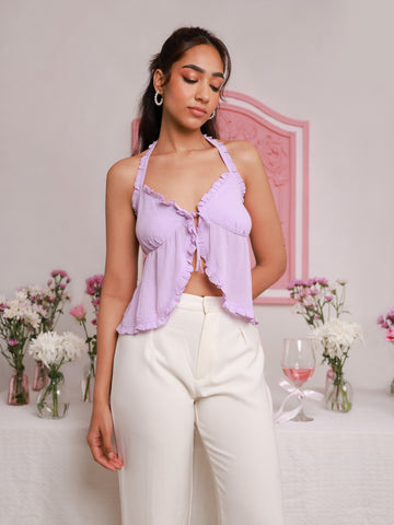 Frill Detailed Halter Neck Cropped Top