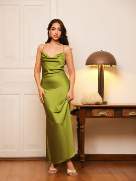 Cowl Neck Detailed Back Tie Up Satin Maxi Dress