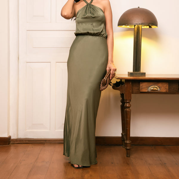 Halter Neck Satin Maxi Dress