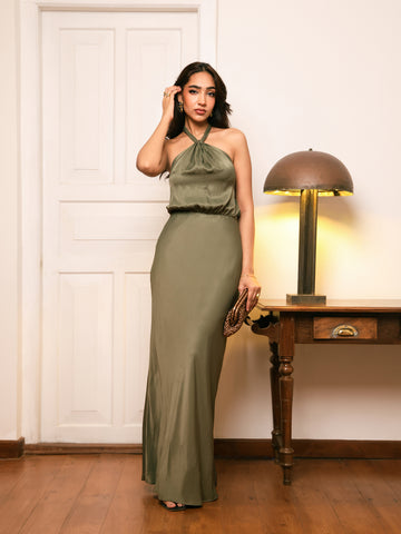 Halter Neck Satin Maxi Dress