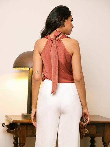 Cowl Neck Back Tie Up Satin Top