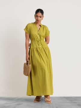 Button Down Waist Tie Up Detailed Maxi Dress