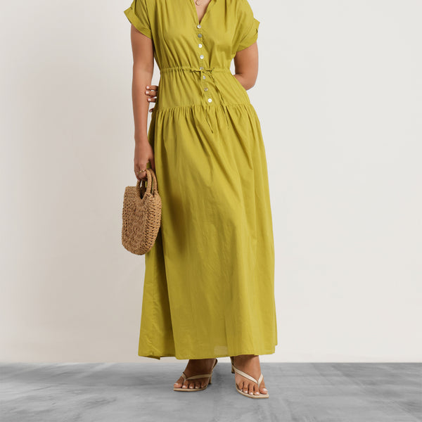 Button Down Waist Tie Up Detailed Maxi Dress