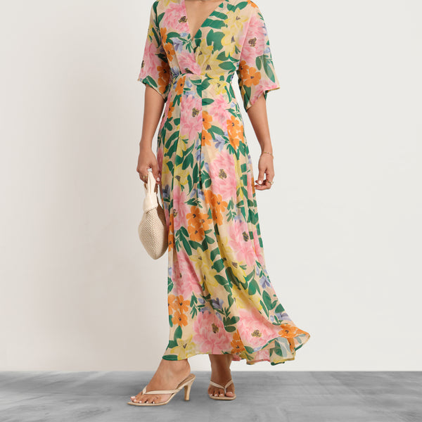 Front Overlapped Box Pleated Printed Maxi Dress