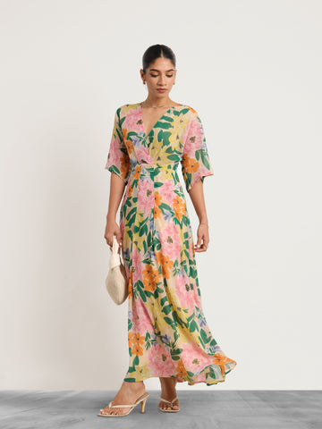 Front Overlapped Box Pleated Printed Maxi Dress