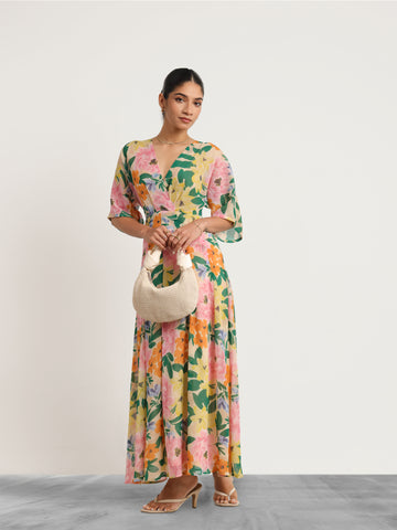 Front Overlapped Box Pleated Printed Maxi Dress