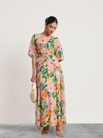 Front Overlapped Box Pleated Printed Maxi Dress