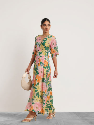 Front Overlapped Box Pleated Printed Maxi Dress