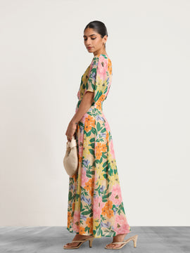 Front Overlapped Box Pleated Printed Maxi Dress