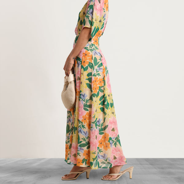 Front Overlapped Box Pleated Printed Maxi Dress