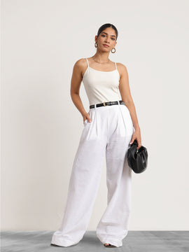 Back Elasticated Front Pleated Wide Leg Linen Pant