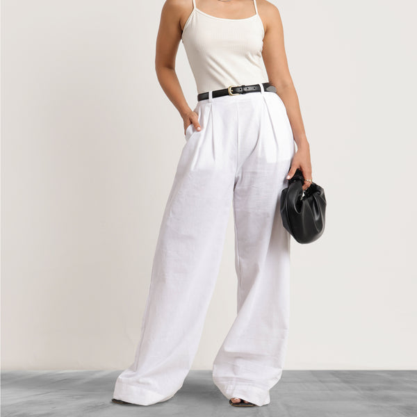 Back Elasticated Front Pleated Wide Leg Linen Pant