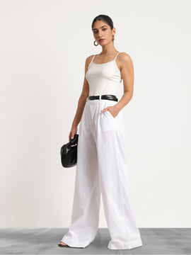 Back Elasticated Front Pleated Wide Leg Linen Pant