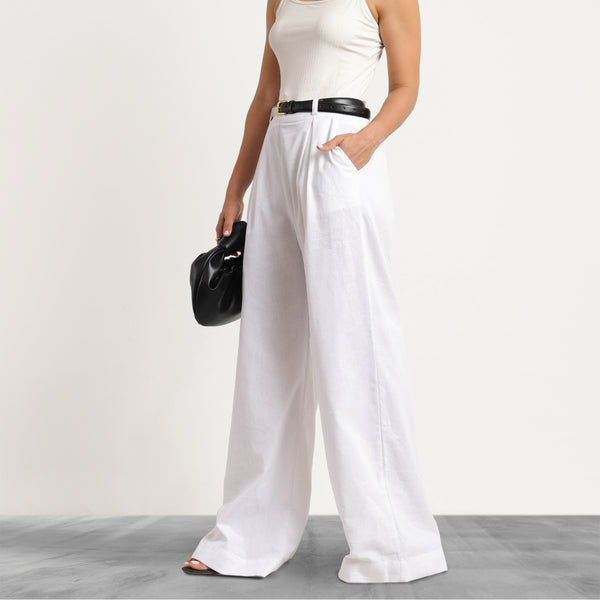 Back Elasticated Front Pleated Wide Leg Linen Pant