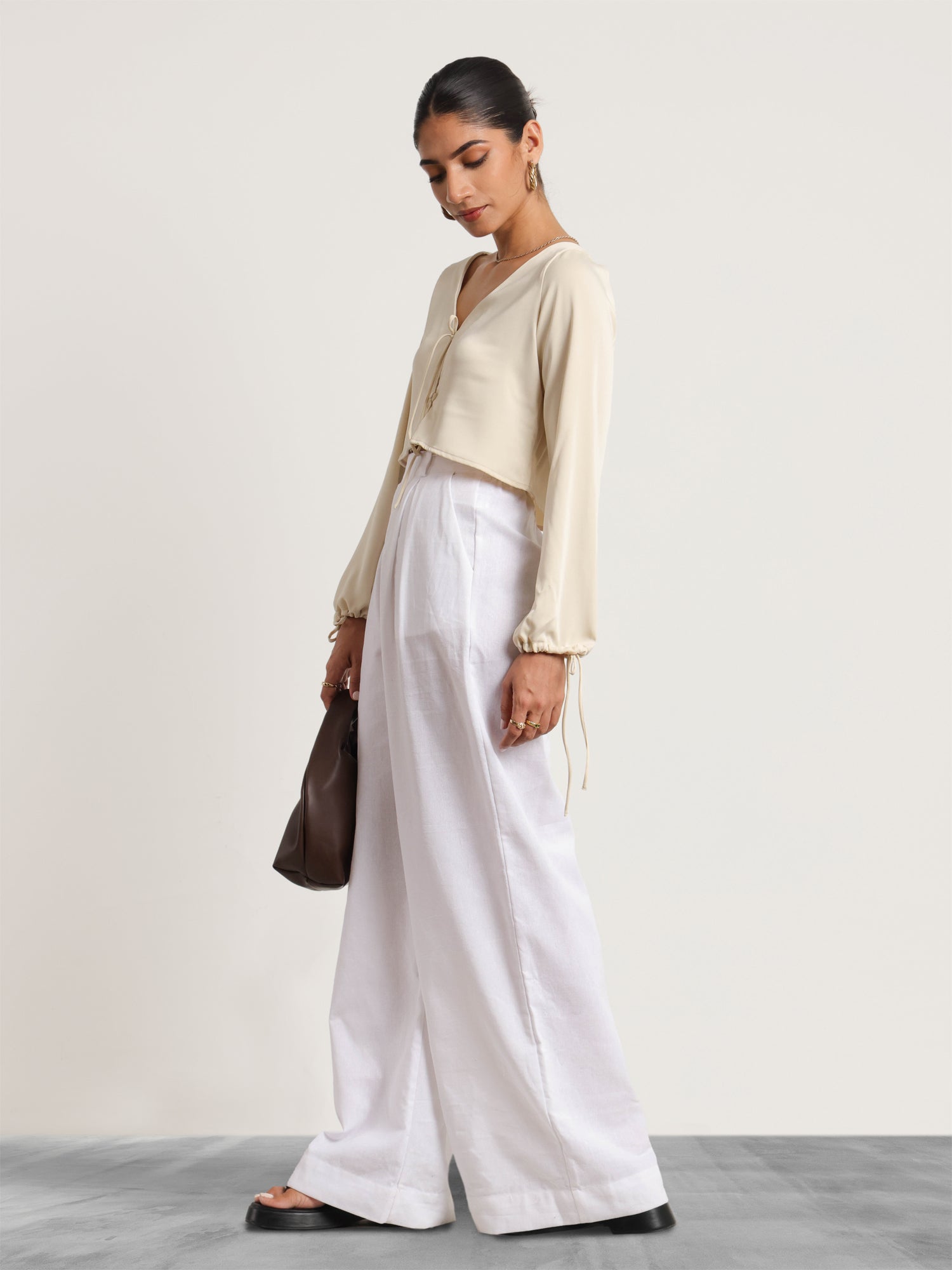 Back Elasticated Front Pleated Wide Leg Linen Pant