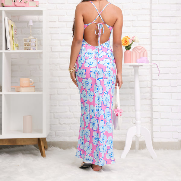 Cowl Neck Back Tie Up Detailed Printed Maxi Dress