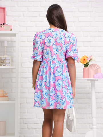 Front Tie Up Detailed Printed Mini Dress