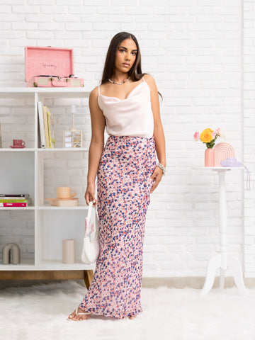 Tie Up Detailed Printed Bias Maxi Skirt