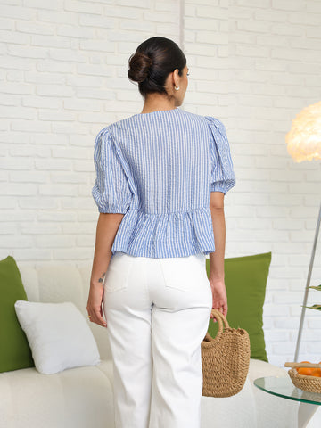 Front Tie Up Puff Sleeved Top