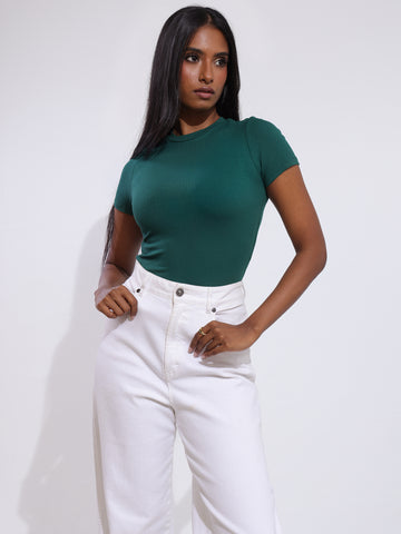 Sage High Neck Fitted Crop Top