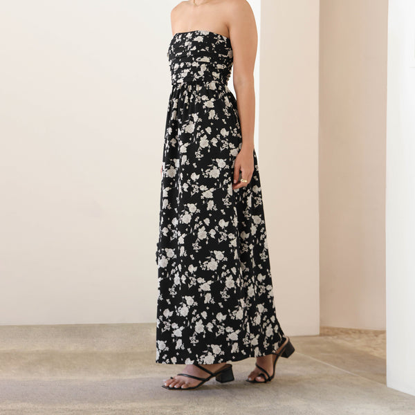 Pin Tuck Detailed Floral Printed Maxi Dress